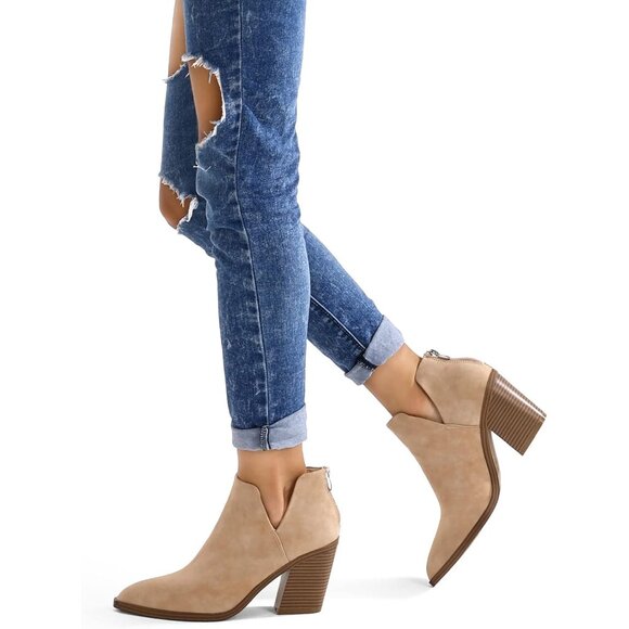 Mysoft Women's Light Brown Pu Chunky Mid Heel Slip on Toe Stacked Ankle Boots - Picture 5 of 7